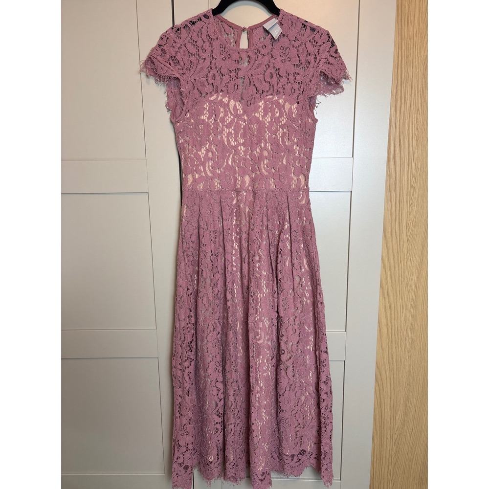 HM Mauve Floral Fairycore Lace Cap Sleeve Pleated Midi Dress US 0